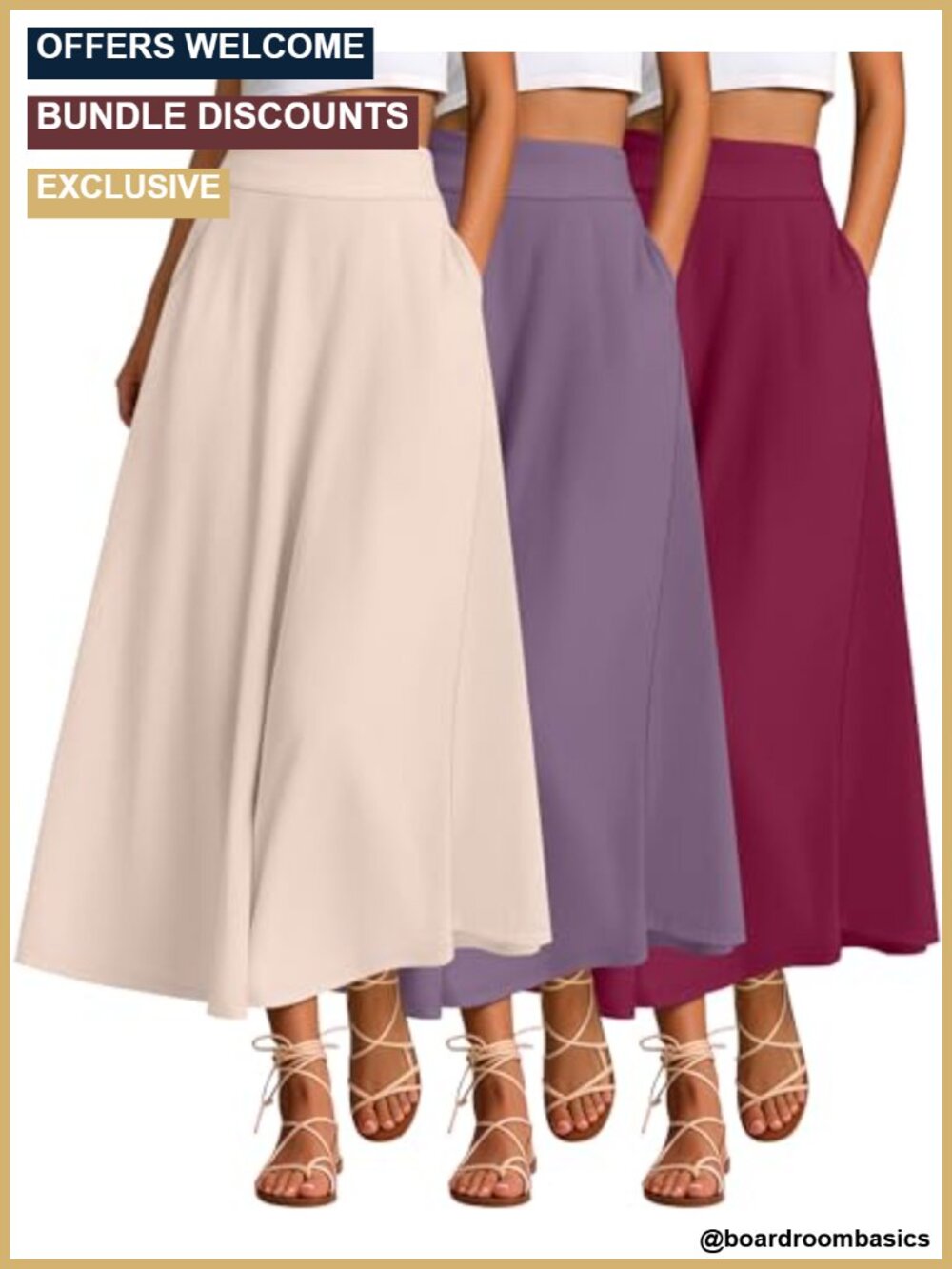 3 Pack Women's High Rise A-Line Maxi Skirts with Pockets